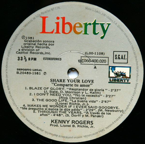 Kenny Rogers - Share Your Love = Comparte Tu Amor | Liberty (10C 066-400020) - 3