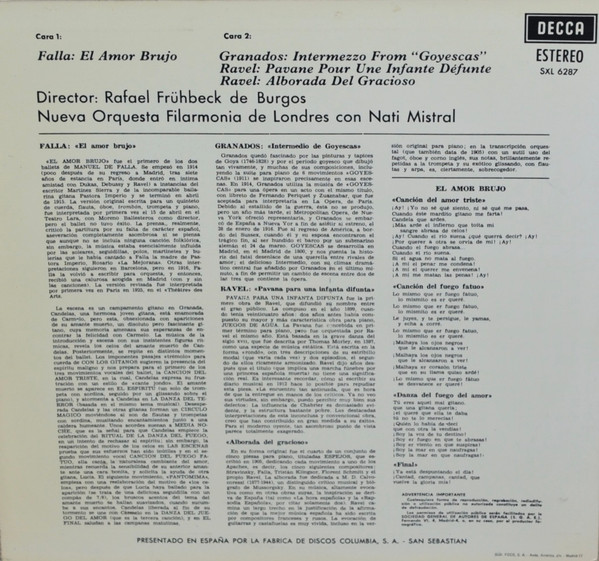Manuel De Falla - Rafael Frühbeck De Burgos , New Philharmonia Orchestra Con Nati Mistral - El Amor Brujo | Decca (SXL 6287)