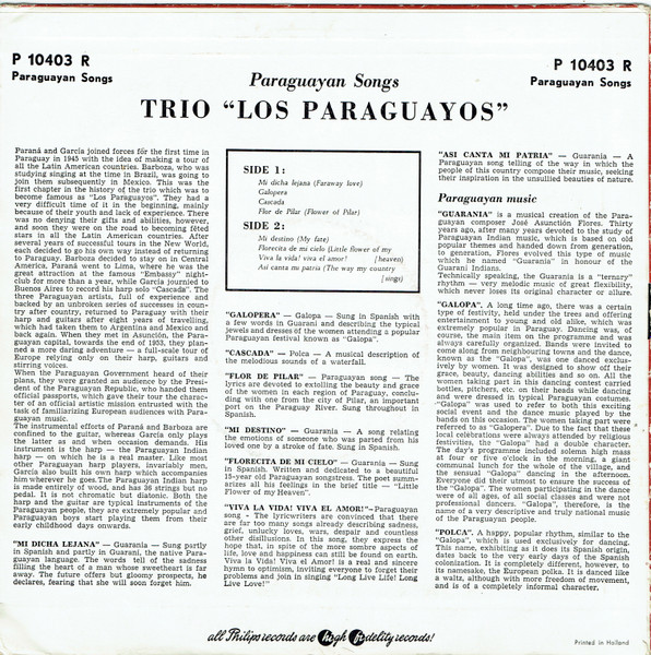 Trio Los Paraguayos - Paraguayan Songs | Philips (P 10403 R) - 2