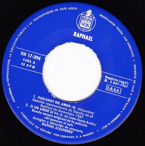 Raphael - Eurovision '67 - Hablemos Del Amor | Hispavox (HH 17-394) - 3
