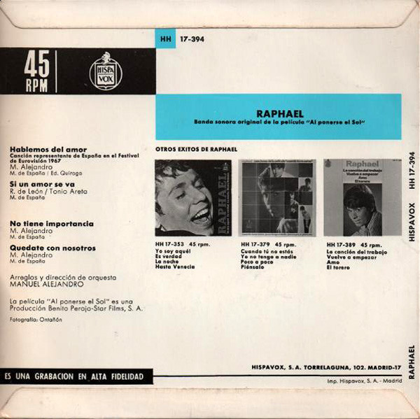 Raphael - Eurovision '67 - Hablemos Del Amor | Hispavox (HH 17-394) - 2