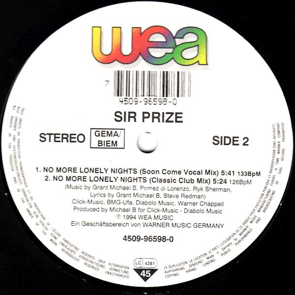Sir Prize - No More Lonely Nights | WEA (4509 96598-0) - main Sir Prize - No More Lonely Nights | WEA (4509 96598-0) - main