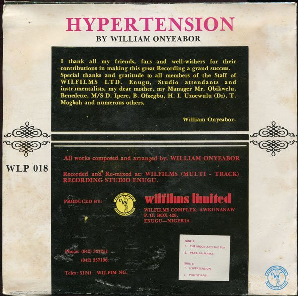 William Onyeabor - Hypertension | Wilfilms Records (WLP 018) - 2