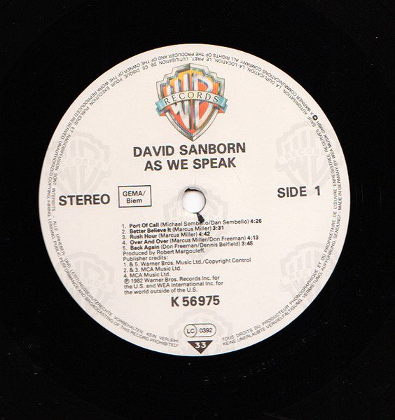 David Sanborn - As We Speak | Warner Bros. Records (WB K 56 975) - 3
