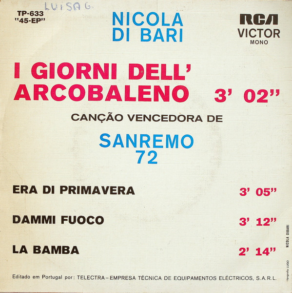 Nicola Di Bari - I Giorni Dell'Arcobaleno | RCA Victor (TP-633) - 2