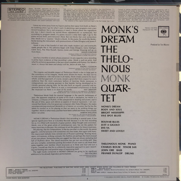 The Thelonious Monk Quartet - Monk's Dream | Columbia (CS 8765) - 2 The Thelonious Monk Quartet - Monk's Dream | Columbia (CS 8765) - 2