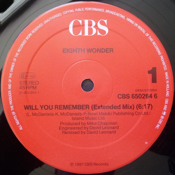 Eighth Wonder - Will You Remember (Extended Mix) | CBS (650264 6) - 2