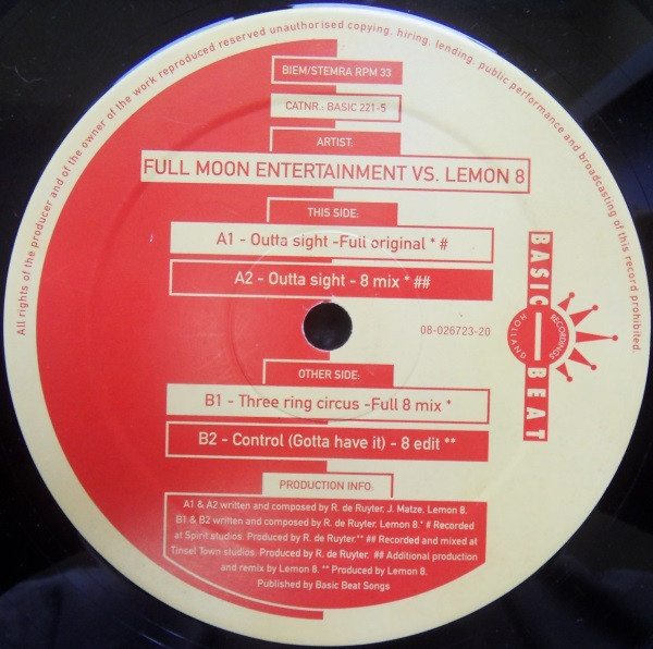 Full Moon Entertainment Vs. Lemon8 - Outta Sight | Basic Beat Recordings (BASIC 221-5) - 2