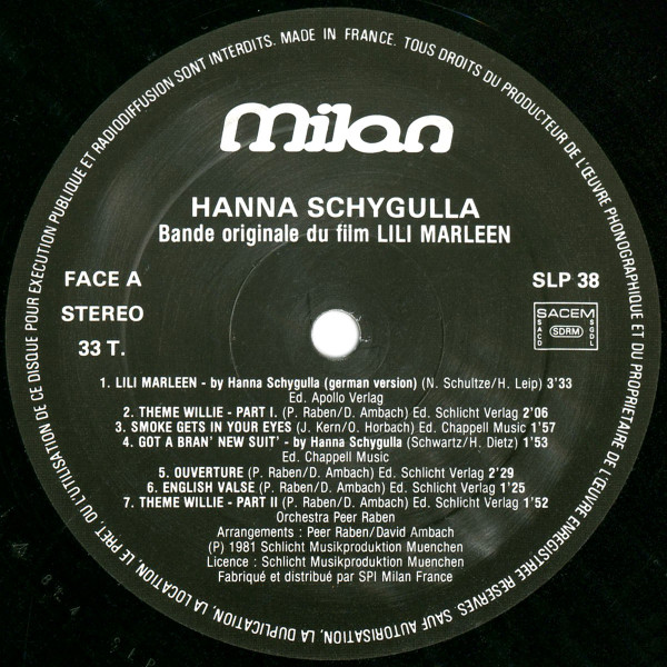 Hanna Schygulla , Orchester Peer Raben - Lili Marleen - Bande Originale Du Film | Milan (SLP 38) - 2