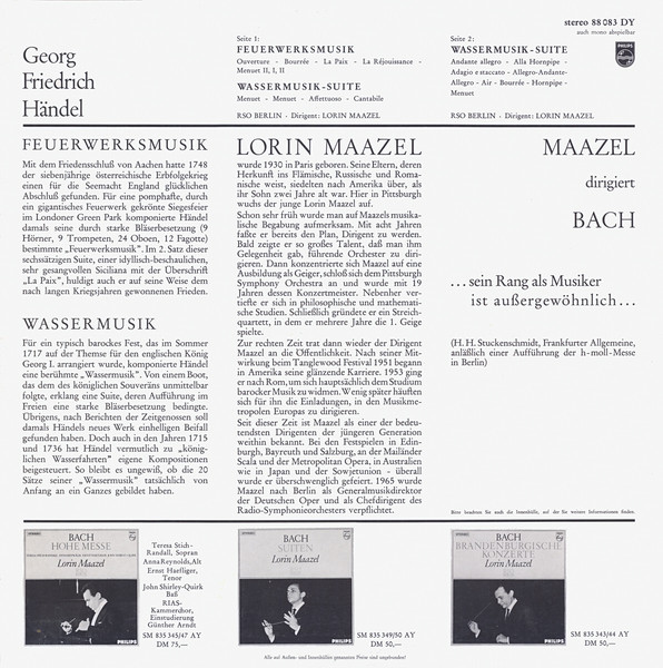 Georg Friedrich Händel , Lorin Maazel , Radio-Symphonie-Orchester Berlin - Wassermusik-Suite / Feuerwerksmusik | Philips (88 083 DY) - 2