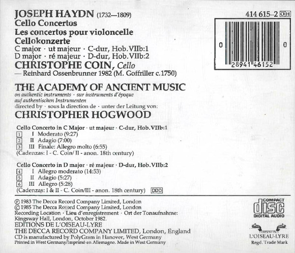 Joseph Haydn , Christophe Coin , The Academy Of Ancient Music , Christopher Hogwood - Cello Concertos | L'Oiseau-Lyre (414 615-2) - 2