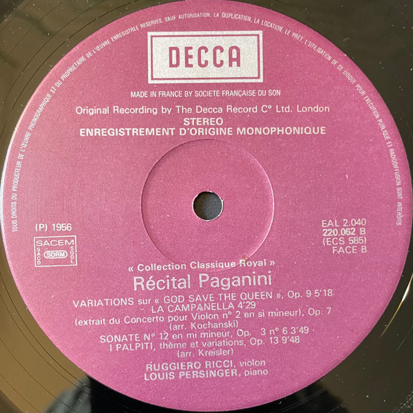 Niccolò Paganini / Ruggiero Ricci , Louis Persinger - Récital Paganini | Decca (220.062) - 4