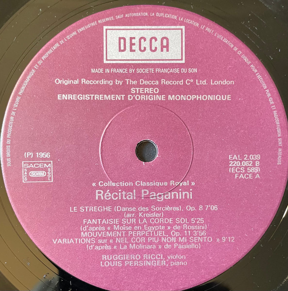 Niccolò Paganini / Ruggiero Ricci , Louis Persinger - Récital Paganini | Decca (220.062) - 3