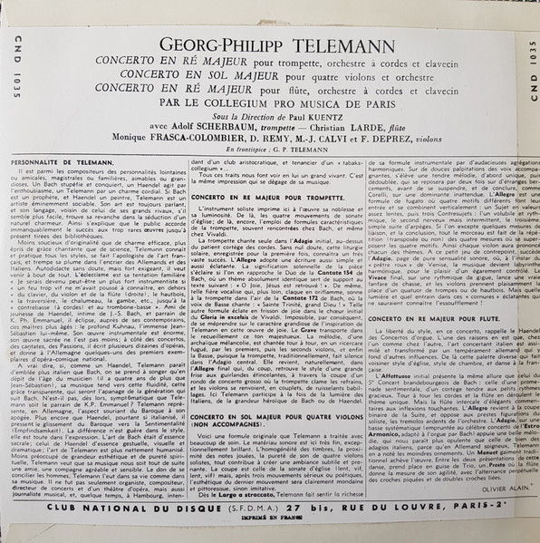 Georg Philipp Telemann - Concerto En Ré Majeur Pour Trompette / Concerto En Sol Majeur Pour Quatre Violons / Concerto En Ré Majeur Pour Flûte | Club National Du Disque (CND 1035) - 2