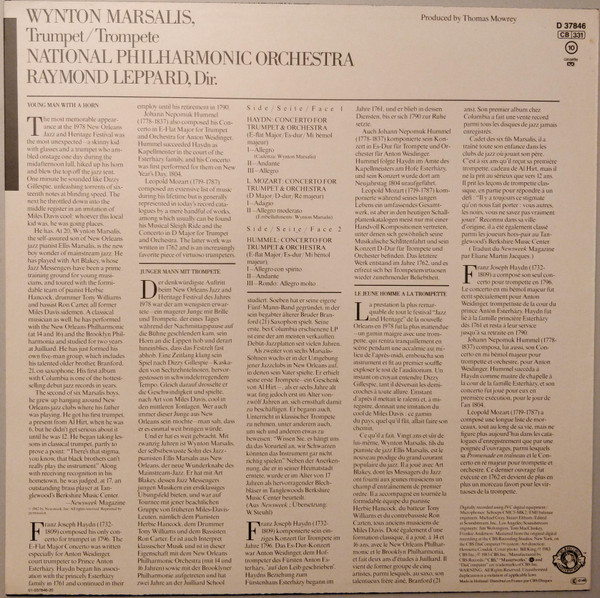 Joseph Haydn • Johann Nepomuk Hummel • Leopold Mozart , Wynton Marsalis , National Philharmonic Orchestra , Raymond Leppard - Trumpet Concertos | CBS Masterworks (D 37846) - 2