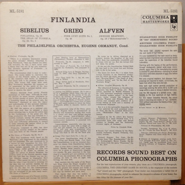 The Philadelphia Orchestra , Eugene Ormandy / Jean Sibelius , Edvard Grieg , Hugo Alfvén - Finlandia | Columbia Masterworks (ML 5181) - 2 The Philadelphia Orchestra , Eugene Ormandy / Jean Sibelius , Edvard Grieg , Hugo Alfvén - Finlandia | Columbia Masterworks (ML 5181) - 2