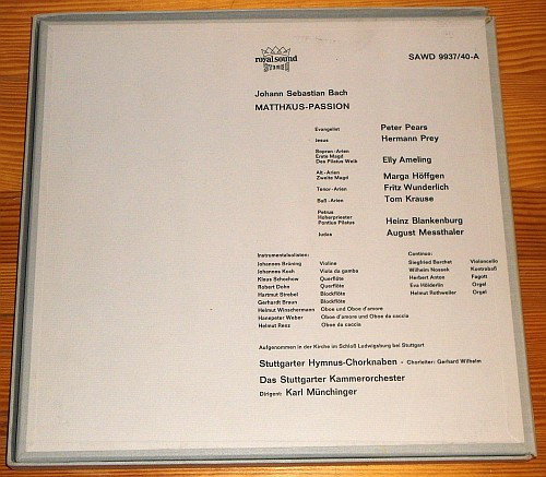 Johann Sebastian Bach , Stuttgarter Kammerorchester , Stuttgarter Hymnus-Chorknaben , Karl Münchinger , Peter Pears , Hermann Prey , Elly Ameling , Marga Höffgen , Fritz Wunderlich , Tom Krause - Matthäus-Passion | Decca (SAWD 9937/40-A) - main