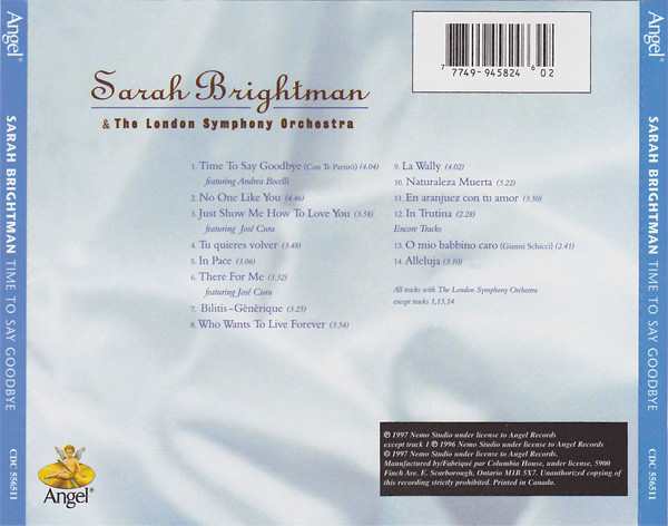Sarah Brightman & London Symphony Orchestra - Time To Say Goodbye | Angel Records (CDC 556511) - 2 Sarah Brightman & London Symphony Orchestra - Time To Say Goodbye | Angel Records (CDC 556511) - 2