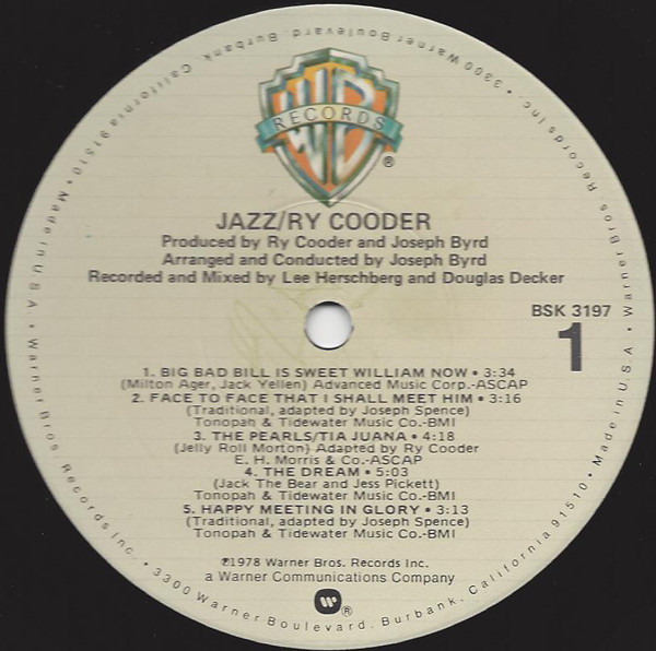 Ry Cooder - Jazz | Warner Bros. Records (BSK 3197) - 3