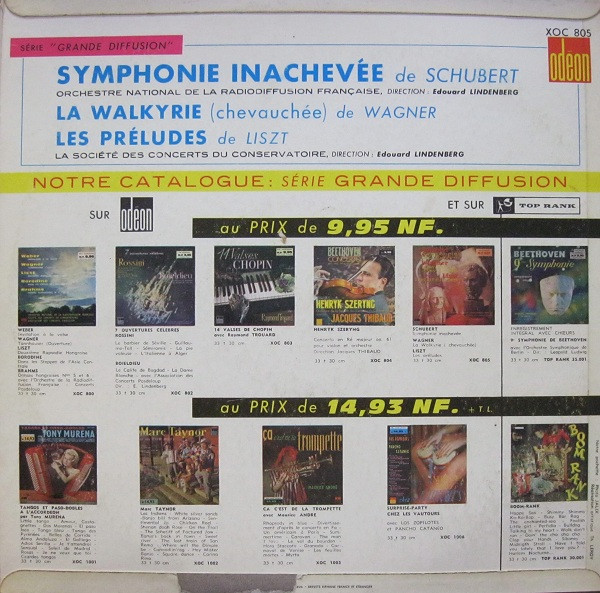 Franz Schubert , Richard Wagner , Franz Liszt , Edouard Lindenberg - Symphonie Inachevée - La Walkyrie (Chevauchée) - Les Préludes | Odeon (XOC 805) - 2