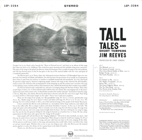 Jim Reeves - Tall Tales And Short Tempers | RCA Victor (LSP-2284) - 2 Jim Reeves - Tall Tales And Short Tempers | RCA Victor (LSP-2284) - 2