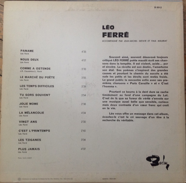 Léo Ferré - Léo Ferré Chante En Multiphonie-Stéréo | Barclay (B 8012) - 2