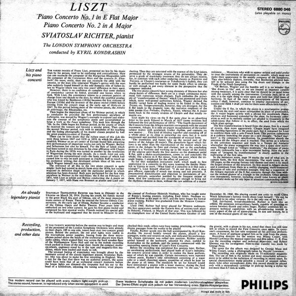 Sviatoslav Richter , Franz Liszt , London Symphony Orchestra , Kiril Kondrashin - Piano Concerto No. 1 In E Flat Major · Piano Concerto No. 2 In A Major | Philips (6880 046) - 2