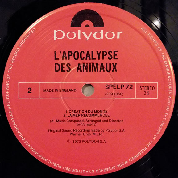 Vangelis - L'Apocalypse Des Animaux (Original Music From The Film By Frederic Rossif) | Polydor (SPELP 72) - 3 Vangelis - L'Apocalypse Des Animaux (Original Music From The Film By Frederic Rossif) | Polydor (SPELP 72) - 3