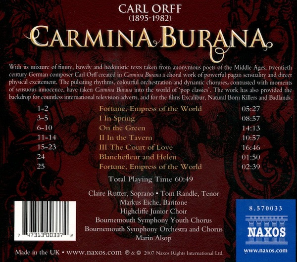 Carl Orff , Bournemouth Symphony Orchestra & Bournemouth Symphony Chorus , Marin Alsop - Carmina Burana | Naxos (8.570033) - 2
