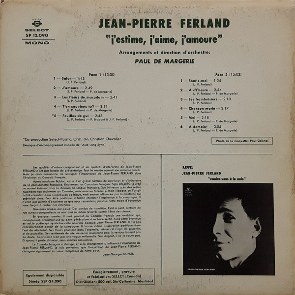 Jean-Pierre Ferland - J'estime, J'aime, J'amoure | Select (SP 12.090) - 2