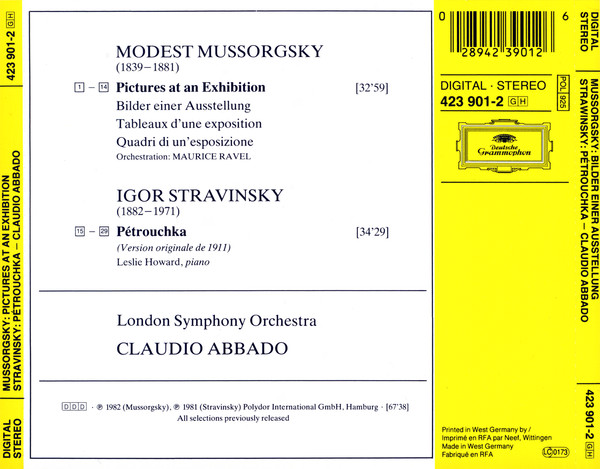 Modest Mussorgsky / Maurice Ravel - Igor Stravinsky : London Symphony Orchestra , Claudio Abbado - Pictures At An Exhibition / Pétrouchka | Deutsche Grammophon (423 901-2) - 2