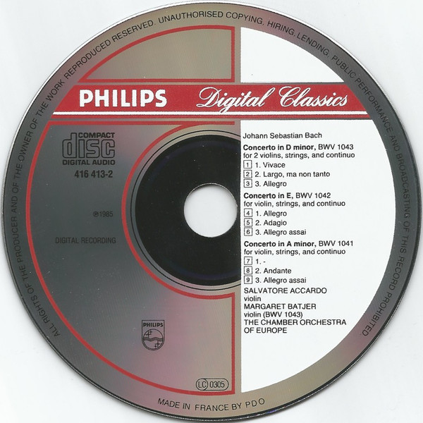 Johann Sebastian Bach , Salvatore Accardo , The Chamber Orchestra Of Europe - Double Concerto = Doppelkonzert • The Violin Concertos = Die Violinkonzerte | Philips (416 413-2) - 3
