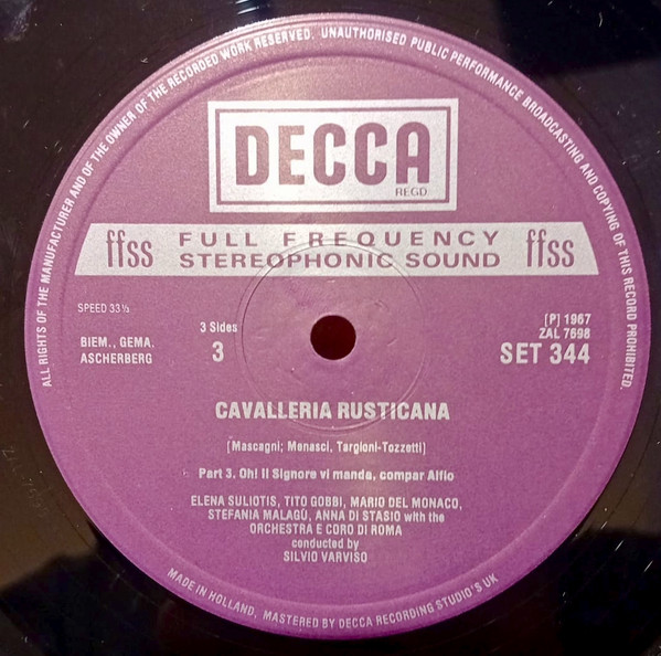 Pietro Mascagni - Elena Souliotis , Mario del Monaco , Tito Gobbi , Orchestra Di Roma E Coro Di Roma , Silvio Varviso - Cavalleria Rusticana / Elena Souliotis Sings Solo Recital | Decca (SET 343 - 344) - 4