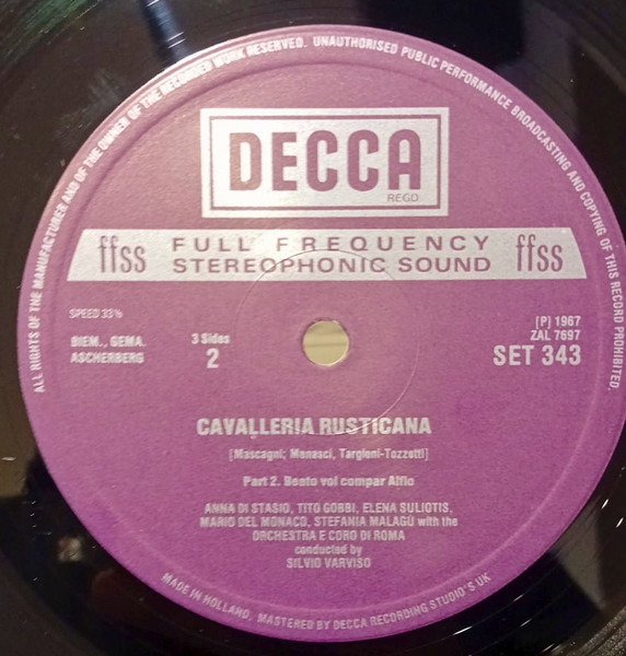 Pietro Mascagni - Elena Souliotis , Mario del Monaco , Tito Gobbi , Orchestra Di Roma E Coro Di Roma , Silvio Varviso - Cavalleria Rusticana / Elena Souliotis Sings Solo Recital | Decca (SET 343 - 344) - 3