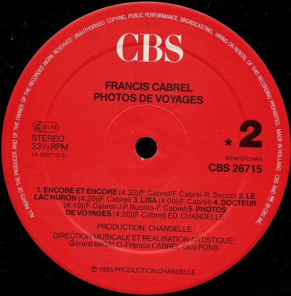 Francis Cabrel - Photos De Voyages | CBS (CBS 26715) - 4