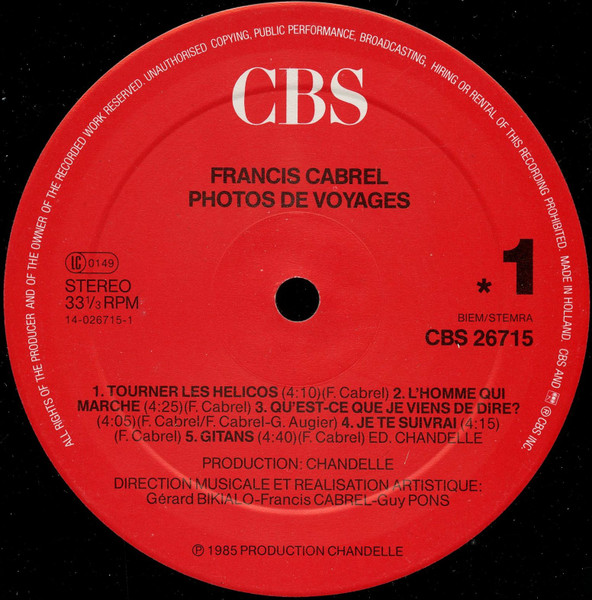 Francis Cabrel - Photos De Voyages | CBS (CBS 26715) - 3