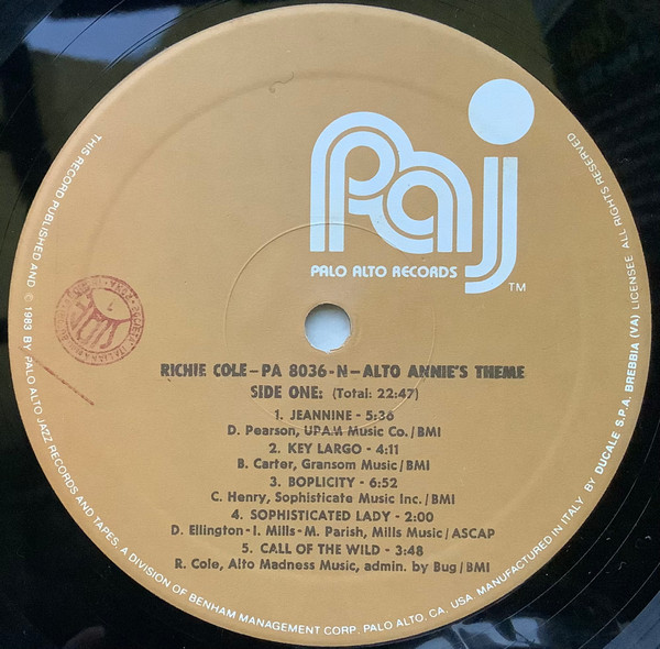 Richie Cole - Alto Annie's Theme | Palo Alto Records (PA 8036-N) - 3 Richie Cole - Alto Annie's Theme | Palo Alto Records (PA 8036-N) - 3
