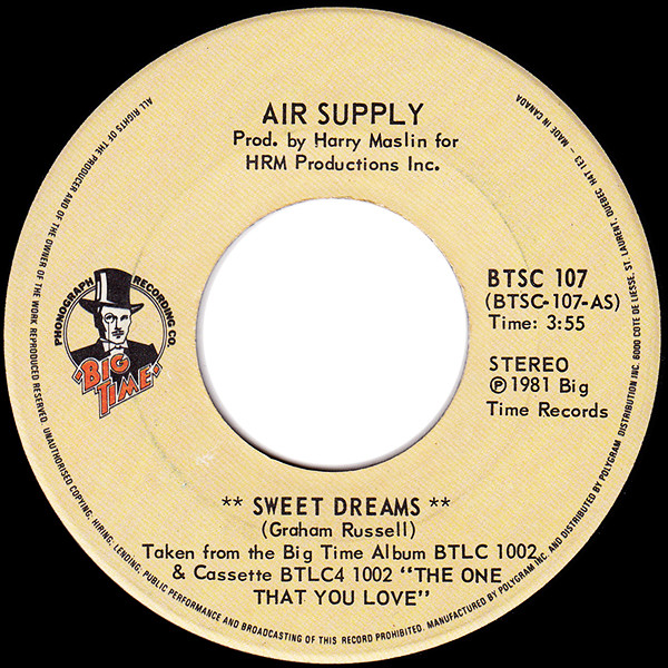Air Supply - Sweet Dreams / Don't Turn Me Away (7") [Vinyl] | Big Time Phonograph Recording Co. (BTSC 107)