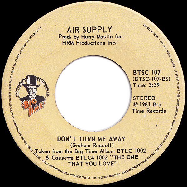 Air Supply - Sweet Dreams / Don't Turn Me Away (7") [Vinyl] | Big Time Phonograph Recording Co. (BTSC 107) - 2