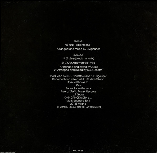 Sultana - Te Amo | Volumex (VOL 006-93) - 2