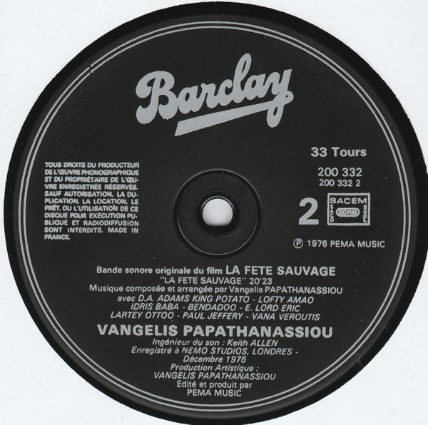 Evangelos Papathanassiou - La Fête Sauvage (Bande Sonore Originale Du Film) | Barclay (200.332) - 3