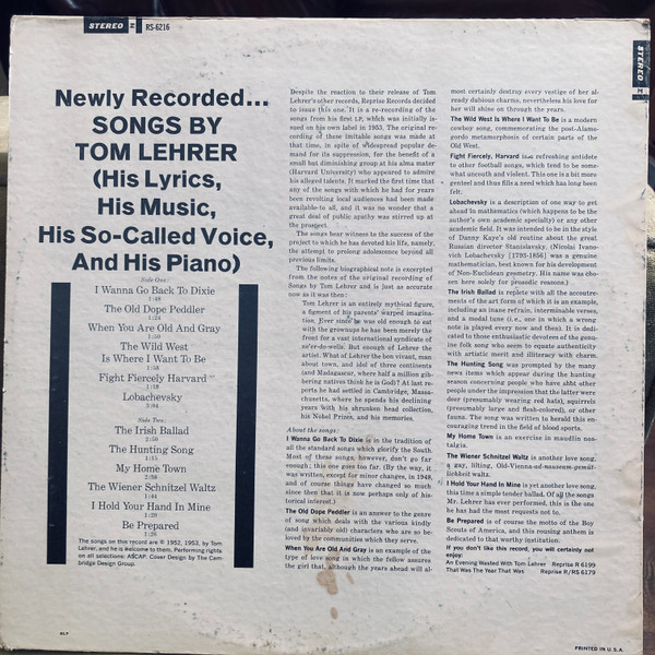 Tom Lehrer - Songs By Tom Lehrer | Reprise Records (RS-6216) - 2 Tom Lehrer - Songs By Tom Lehrer | Reprise Records (RS-6216) - 2