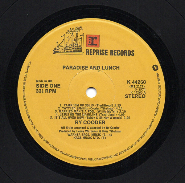 Ry Cooder - Paradise And Lunch | Reprise Records (K 44260) - 3