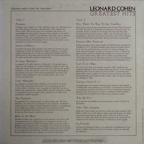 Leonard Cohen - Greatest Hits | CBS (S 69161) - main