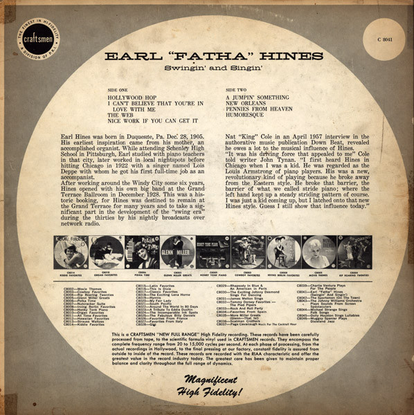 Earl Hines - Swingin' 'n Singin' [Vinyl] | Craftsmen (C-8041) - 2