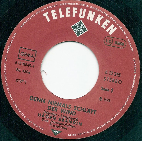 Hagen Brandin - Danny Wach Auf (Denn Niemals Schläft Der Wind) | Telefunken (6.12315 AC)