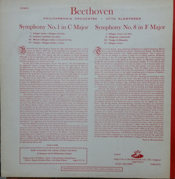 Ludwig Van Beethoven - Philharmonia Orchestra , Otto Klemperer - Symphonies No. 1 & No. 8 | Angel Records (S.35657) - 2