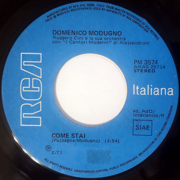 Domenico Modugno - Come Stai / Questa È La Facciata B | RCA Italiana (PM 3574) - 3 Domenico Modugno - Come Stai / Questa È La Facciata B | RCA Italiana (PM 3574) - 3