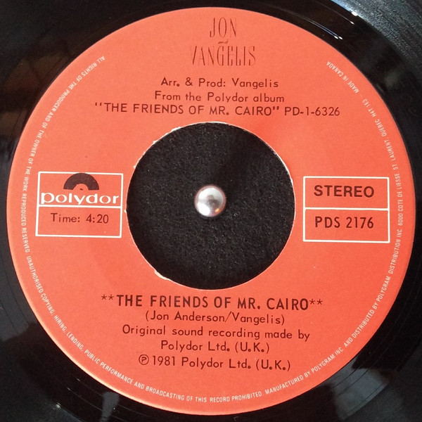 Jon & Vangelis - The Friends Of Mr. Cairo (7") [Vinyl] | Polydor (PDS 2176) - 2