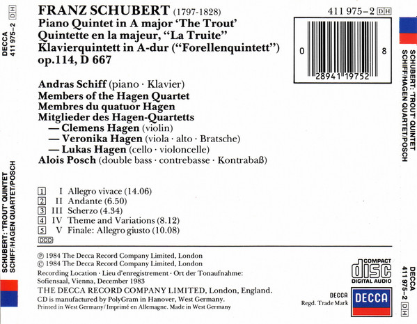 Franz Schubert — András Schiff , Hagen Quartett , Alois Posch - Trout Quintet | Decca (411 975-2) - 2